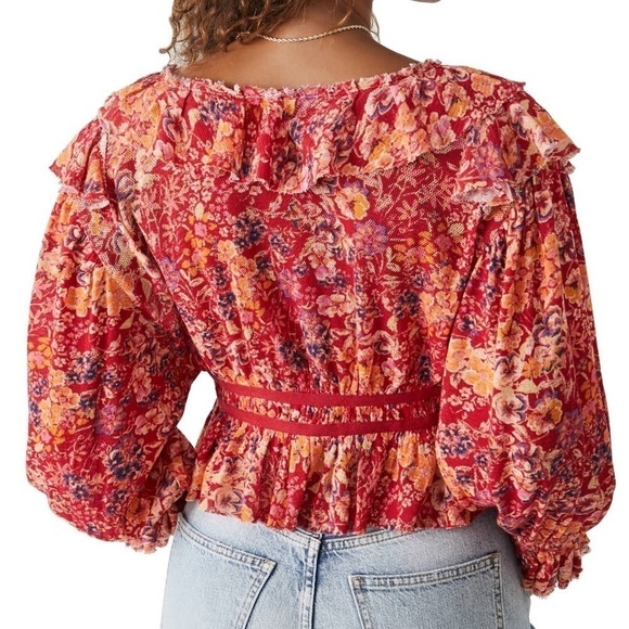 Free People Red Rudi Ruffle Long sleeves Bohemian top size Small - Picture 2 of 16